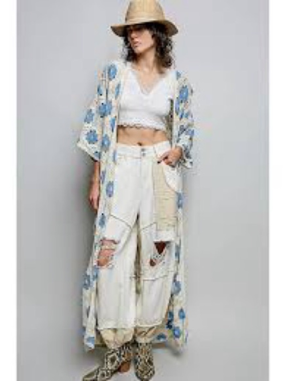 New Crochet Boho Floral Duster Kimono in Cream and Blue
